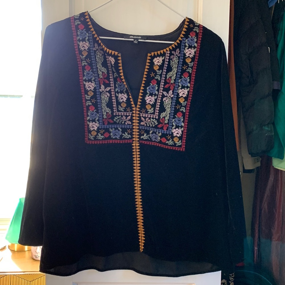 Black velvet tunic-style blouse with beautiful stitch work by Madewell
